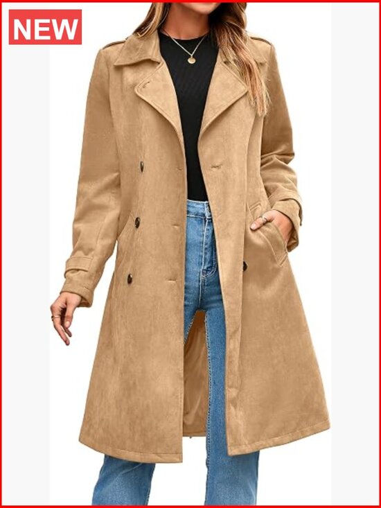 Jackets & Blazers - Faux Suede Double Breasted Trench Coat with Belt